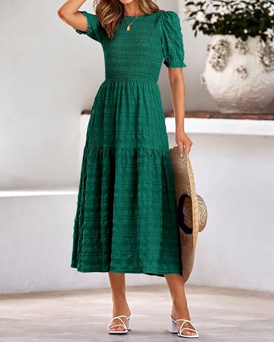 dowerme Womens Summer Dresses 2025 Casual Puff Short Sleeve Crewneck Smocked Flowy Ruffle Boho Beach Party Maxi Sundress(Dark Green,Medium) — view 5