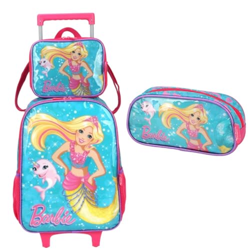Mochila Carrinho Estojo Lancheira Barbie Sereia E Unicórnio cor:Verde
