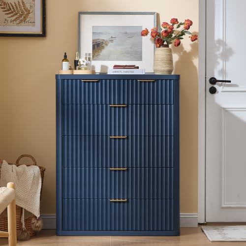 Image of LEYAOYAO Fluted 6 Drawers Dresser for Bedroom Set of 2, 42 inch Tall Modern Chest of Drawer with Metal Handle, Curved Profile Design,Wood Drawer Organizer for Bedroom, Living Room, Hallway,Blue