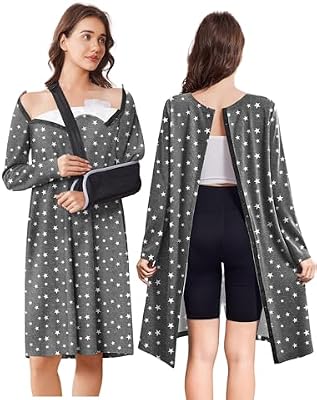Deyeek Open Back Hospital Gowns for Women Post Shoulder Surgery Tear Away Snap Chemo Port Adaptive Clothing with Pockets