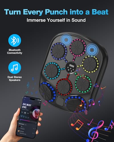 Turquvix Music Boxing Machine for Adults and Kids, mart Bluetooth Wall Mounted Punching Target with LED Feedback & Boxing Gloves, Home Gym Electronic Punching Bag for Indoor Workouts - Image 4