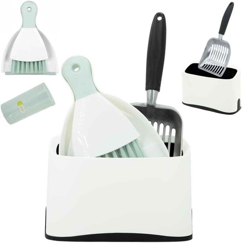 5-in-1 Heavy-Duty Full Metal Cat Litter Scoop with Holder, Cats Litter Scooper Includes Litter Bags, Handy Small Broom&Dustpan Set, Quick Sift, Easy to Clean | Cats Litter Scooper Includes Litter Bags, Handy Small Broom&Dustpan Set