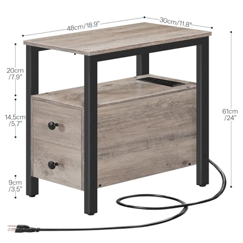 HOOBRO Set of 2 End Tables with Charging Station, Narrow Side Table with Drawers & USB Port & Power Outlets, Nightstand for Small Spaces, Living Room, Stable, Greige and Black BG541BZP201 - Thumbnail 3