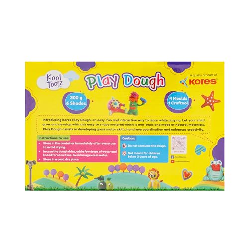 Image of Kores KoolToolz Modelling Dough 300gms | 6 Vibrant Colour (2 neon and 4 Regular) | 4 Moulds | 1 Crafting Tool | Return Gift | Multicolour | Kids 3+ Years