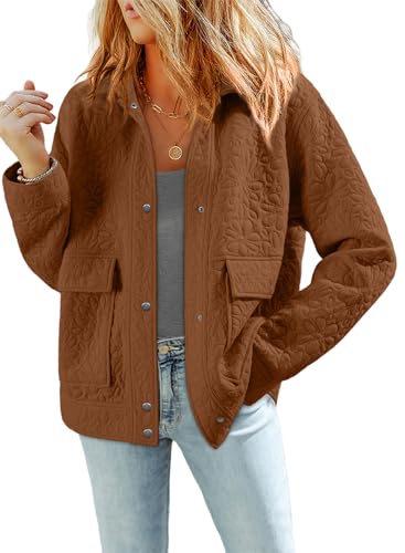 Dokotoo Fall Outfits Jackets Long Sleeve Jacquard Quilted Jackets Brown L