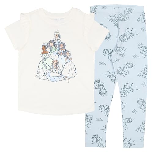 Disney Princesse, Minnie Mouse, Lilo & Stitch Ensemble t-shirt à manches courtes et leggings à volants pour filles, blanc/bleu, 5