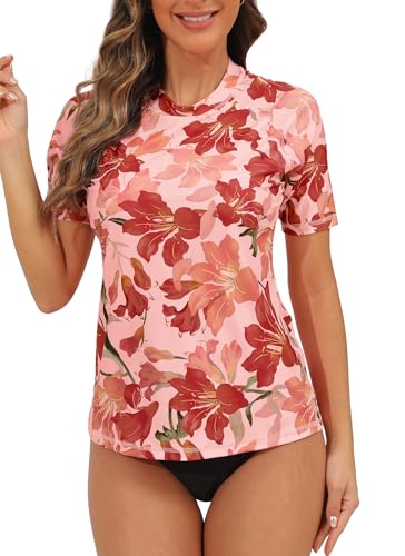 Halcurt Women's Short Sleeve Rash Guard Swimsuit Top with Built
