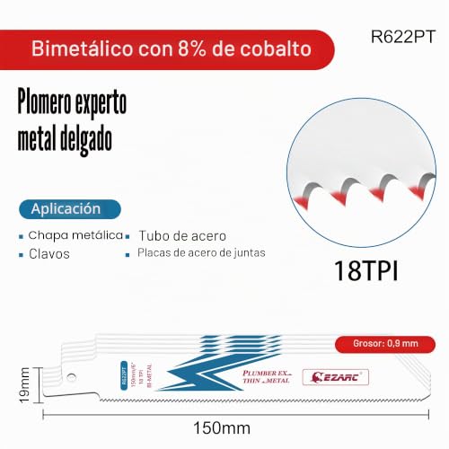 Miniatura 2 de Ezarc Hojas De Sierra Sable Bimetálica Cobalt R622pt 150mm 18tpi Puede Cortar Metal Delgado - 5 Piezas