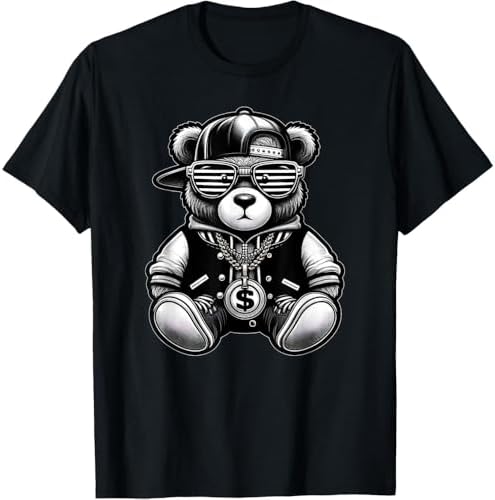 クマイラスト Tシャツ 黒 bear pattern loose t-shirt men and women short-sleeved T