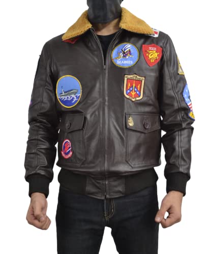 Top Jacket For Men - Tom Gun G1 Bomber Maverick Aviator Real Leather Fur Collar Flight Jacket - Brown Leather Jacket Cruise (Large)