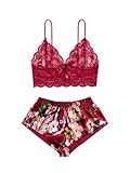 Rigeri Comfy Lingerie For Women Floral Lace Satin Nightgown Sexy Pjs Strap Pajama Set For Women Spaghetti Strap Lace Trim Bralette Matching Bra And Panty Sets Wine Red L