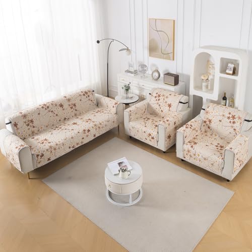 Image of HOKIPO Double Sided Quilted Sofa Cover 5 Seater Fully Covered, (3+1+1) Sofa Cover Set, Easy Drape Series, Golden Bloom (IN-1101 + IN-1099 * 2-ED8)