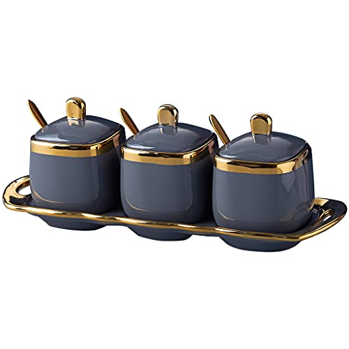 Fvstar 3-teiliges Keramik-Gewürzbehälter mit Deckel und Löffel, Porzellan-Zuckerschalen-Set mit Tablett, Gewürztöpfe, Küchengewürzbehälter für Pfeffer, Zucker, Salz, Grau Cover