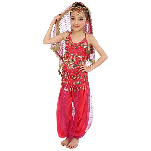Tiwcon Girls Halloween Costume, Halter Top, Chiffon, Kids Belly Dancer Outfit, Egyptian Arabian Princess Costume For Girls (Hot Pink, 3T/4T/4) #TOP1