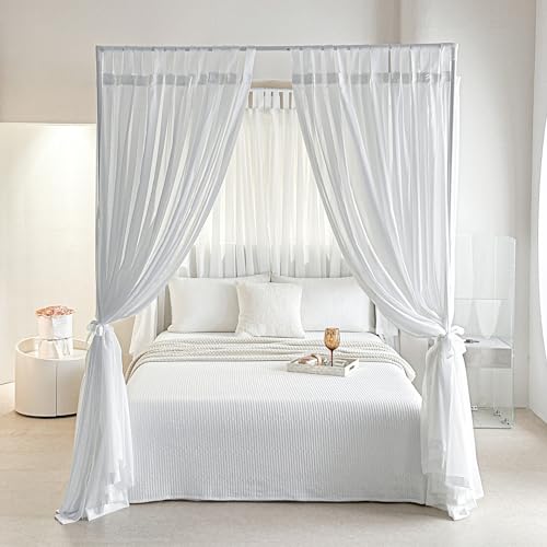 AIKASY Canopy Bed Board with Top and Self-Adhesive Velcro Strips, White Gauze Princess Bed Canopy Curtain Tent, Creating a Romantic Atmosphere in The Room(Full/Queen,White)