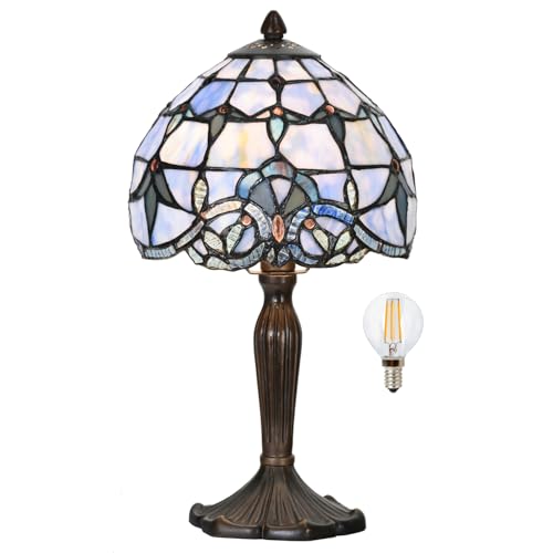 HomeBeauty TL0006 Small Tiffany Lamp Handcrafted Stained Glass Table Lamp 8" W x 14.25" H for Small Space Bedroom Bedside Nightstand Home Office, LED Bulb Included (Blue Baroque) by HomeBeauty - Used condition - US$69.92