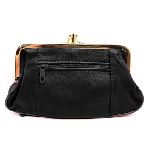 Charmoni - Grande Portefeuille Porte Monnaie Femme - à Fermeture clic clac Fermoir - Poche zippée - en Cuir d'agneau (Noir)