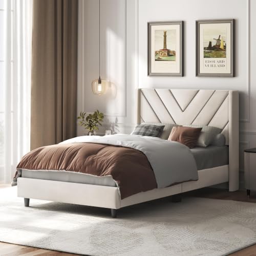 Image of Yaheetech Twin Bed Frame Upholstered Platform Bed /Wooden Slat Support /Tufted Headboard with Wing Side /Mattress Foundation /No Box Spring Needed,Beige Twin