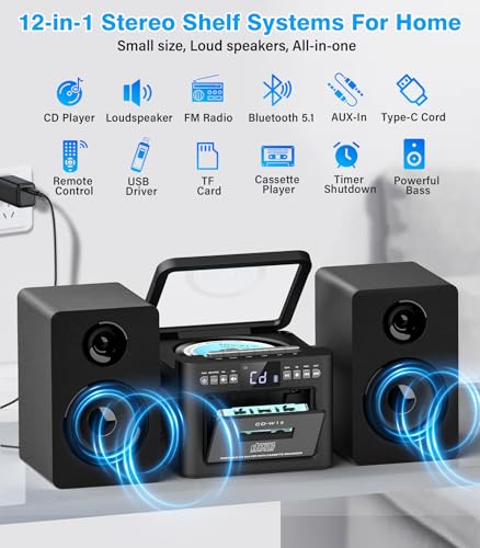Greadio Home Stereo System with Boombox CD Player and Cassette player, 40W Bookshelf Speakers with Bluetooth, FM Radio/USB/TF/AUX/Remote Control, Hi Fi Music System (Black)