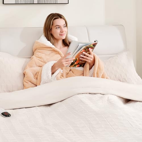 Electric Wearable Blanket Heated Blanket with Hood and Pocket, Flannel & Sherpa Electric Snuggle Throw Blankets, 6 Heating Levels Setting & 4 Hours Auto Shut Off,40 * 70",Machine Washabl(Shrot, Beige)