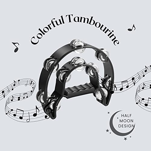 Flexzion Tambourine Metal Half Moon Musical Instruments Double Row Metal Jingles Hand Held Instruments Percussion With Ergonomic Handle Grip, Tambourines For Adults, Black #TOP1