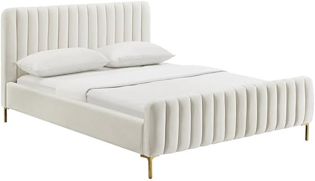 MAKLAINE Transitional Full Velvet Bed, Cream Upholstery, 41.7" H x 60.4" W x 84" D, Gold Legs, Glam Design, Upholstered Headboard, Pine Frame, Slats Included, No Box Spring Required, Modern Bedroom