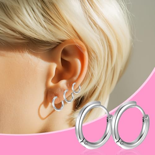 5 Pairs Solid Titanium Hoop Earrings Silver Small Stainless Steel Hoop Earrings 8mm 10mm 12mm 14mm 16mm Huggie Earring Hoops for Women Men3