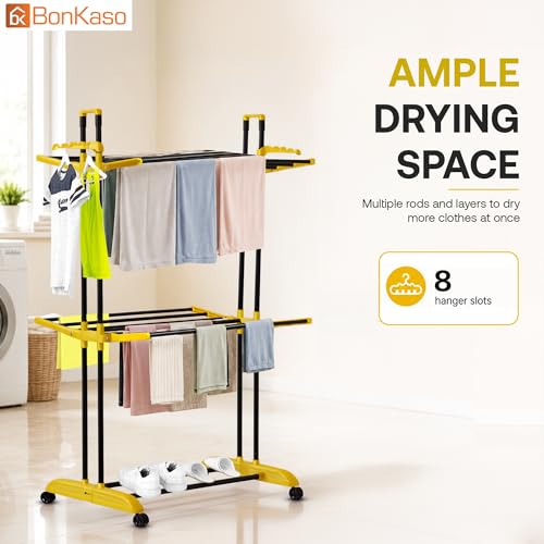 Image of BonKaso AirFold Compact 2-Tier Double Pole Foldable Clothes Drying Stand, Portable Heavy Duty Alloy Steel Laundry Rack with 360 Wheels and 8 Hanger Slots, for Indoor and Outdoor Use, Black & Yellow