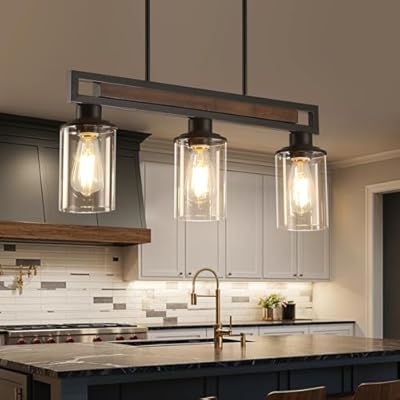 Farmhouse Dining Room Light Fixture, 3-Light Wood Kitchen Island Lighting for Dining Room Over Table, Black Adjustable Pendant Light with Clear Glass Shades, Linear Chandeliers Lighting for Kitchen