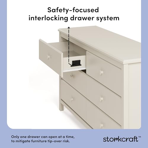 Image of Storkcraft Alpine 6-Drawer Double Dresser - GREENGUARD Gold Certified Nursery Essential, Kids Storage Chest, Bedroom Organizer, Modern Dresser, Easy to Match (Frosted Oat)