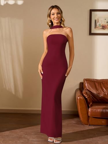 Image of HTZMO Women Elegant Summer Bodycon Maxi Dress Halter Neck Formal Wedding Guest Cocktail Party Long Dresses