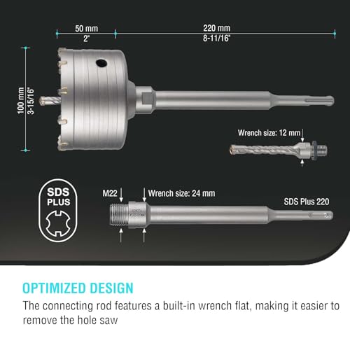 Image of BINOTA 100 mm (3-15 /16 inch) Concrete Hole Saw with SDS-Plus Shank | Tungsten carbide drill bit; SDS-Plus shank (220 mm); Cross-type center drill; Dry drilling for concrete /brick /stone /masonry