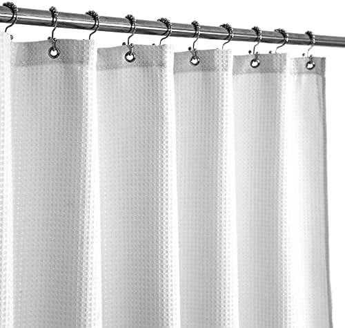 Abipuir Short Shower Curtain with 66 inch Length Fabric, Waffle Weave, Hotel Luxury Spa, Water Repellent, Machine Washable, 230 GSM White Pique Pattern for Decorative Bathroom Curtain