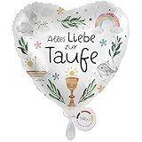 balloa Folienballon Alles Liebe zur Taufe mit Taube Regenbogen und Wal, Herzballon, Geschenk zur Taufe für Jungen und Mädchen, Helium geeignet Luftballon, dekorative Deko für Kirche und Feier, 33cm