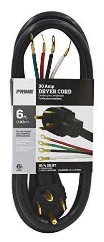 Prime RD100406L 3-Pole 4-Wire SRDT 30A 125/250-Dryer Cord Volt, Black, 6-Feet