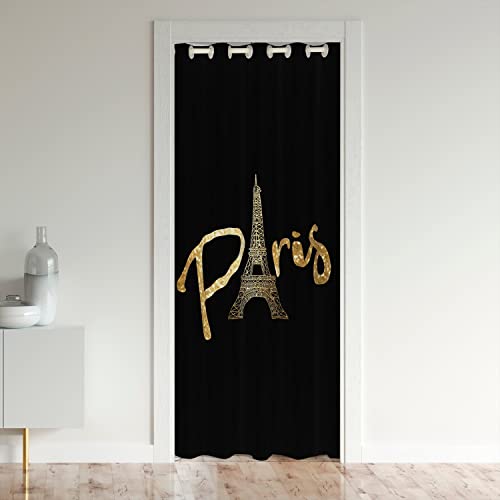 Loussiesd Eiffel Tower Door Curtain for Doorway Privacy Paris 30%-50% Room Darkening Blackout Insulated Thermal Curtain Trip Design Gold Black Window Treatments 86x203cm