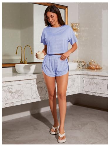 Image of OYOANGLE Womens Pajama Sets 2 Piece Sexy Lounge Sets Summer Cute Pjs Striped Print Tee and Side Split Shorts Set