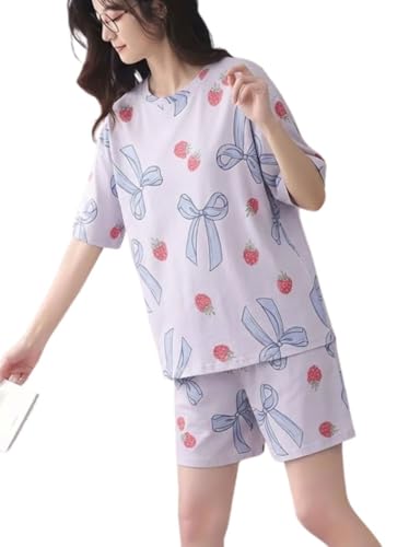 Image of Korean Night Dress |Shorts Set |Round Neck Half Sleeve Nightsuit |Premium Cotton Blend Stylish Digital Printed Pajama Co-ords |Matching 2 Piece Sleepwear Nightwear Cute Pjs |Casual Lounge Sets