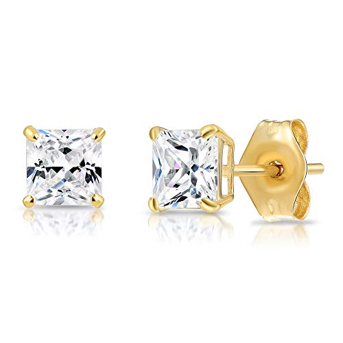 Tilo Jewelry 14K Yellow Gold Princess-Cut Square Cubic Zirconia Cz Stud Earrings With Gold Butterfly Pushbacks (4Mm) #TOP7