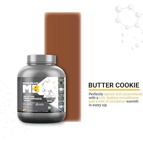 Image of MuscleBlaze Biozyme Performance Whey Protein Powder, Butter Cookie (2kg / 4.4lbs) | 25g Protein Per Scoop | Clinically Tested 50% Higher Protein Absorption