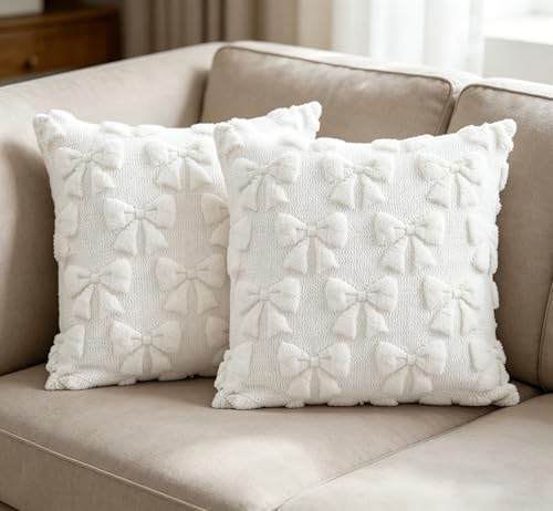 Image of Gubilacrum Set of 2 White 45x45cm Bow Pillow Covers, Bow Cushion, Elegant Beige Cushion Covers, Refined Bedroom Decor Accents,