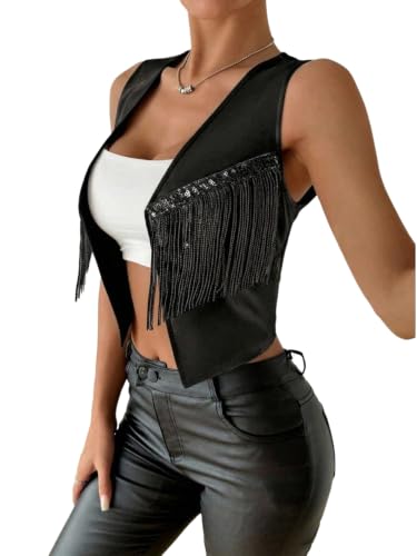 MakeMeChic Women's Sequin Fringe Vest Metallic Y2K Crop Western Jacket