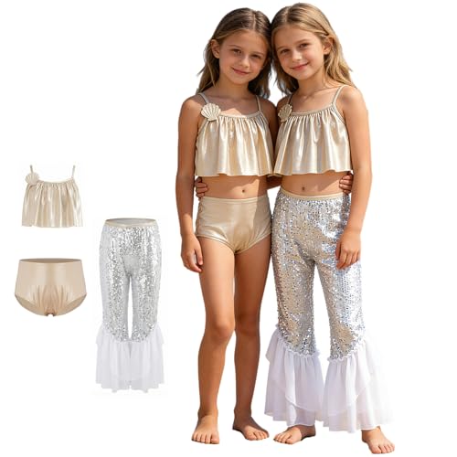 Maillot de bain fille sirène 3 pièces avec pantalon long cloche et culotte de plage
