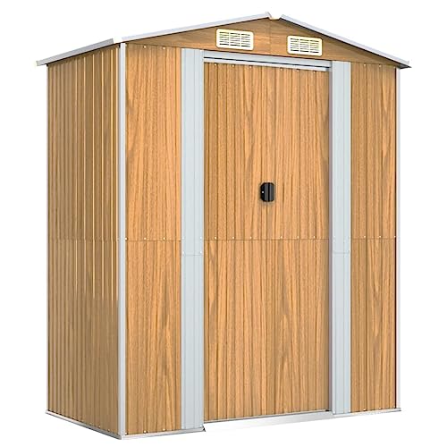CIOURSTO Caseta de Jardín, Acero Galvanizado, Cobertizo Exterior de Metal con Puertas Correderas y Ventilaciones, para Herramientas de Exterior, 192x108x223 cm (Marrón Claro)