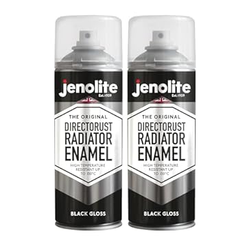 JENOLITE Directorust Radiator Enamel Spray Paint | BLACK | Gloss Finish | Resistant to 130ºC | Durable, Scuff Resistant, Non-Yellowing Radiator Paint | No Primer Needed | 2 x 400ml