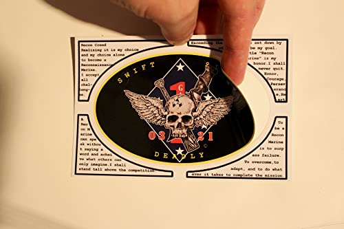 Image of Recon Jack 3 inch by 4.75 inch Oval Sticker with Recon Jack Logo in The Center and The 1st Marine Division Logo Behind it and 0321 on Each Side of The Jack.
