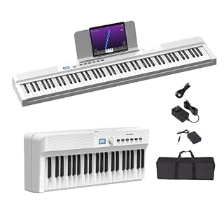 Upgraded Folding Piano Keyboard, 88 Key Full Size Semi Weighted Keyboard Support MIDI and Bluetooth, Portable Foldable Keyboard Piano with Sustain Pedal and Piano Bag, White - Les Beatles, Paul McCartney, John Lennon, RIngo Starr, George Harrison