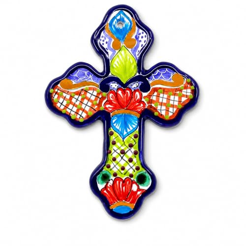 Casa Fiesta Designs Mexican Ceramic Cross, Colorful Hand Painted Floral Wall Mounted Talavera Cross Handmade in Mexico, (8 inches) Cruz Multicolor