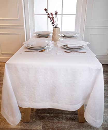D'moksha Tablecloth White 60 X 144 Inch For Rectangle Table, Pure Linen Hemstitch Tablecloth 144 Inches Long For Summer, Wedding, Party, Outdoor, Machine Washable #TOP4