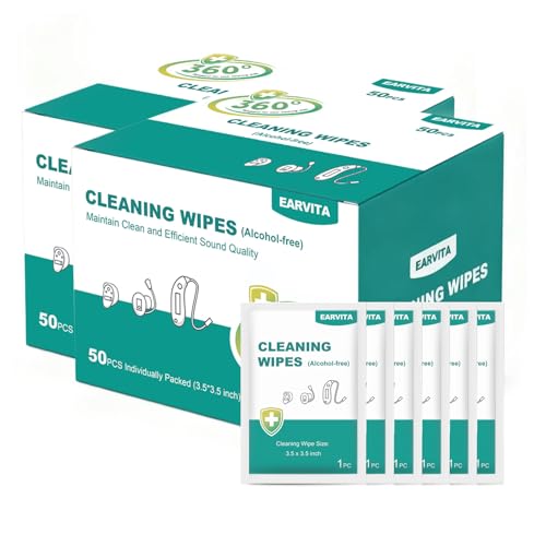 EARVITA 100 Count Hearing Aids Cleaning Wipes Individually Packaged Hearing Aid Audio Wipe Cleaning Tool Kit Supplies Hearing Aid Accessories for All Hearing Aid Brands and Types (100)